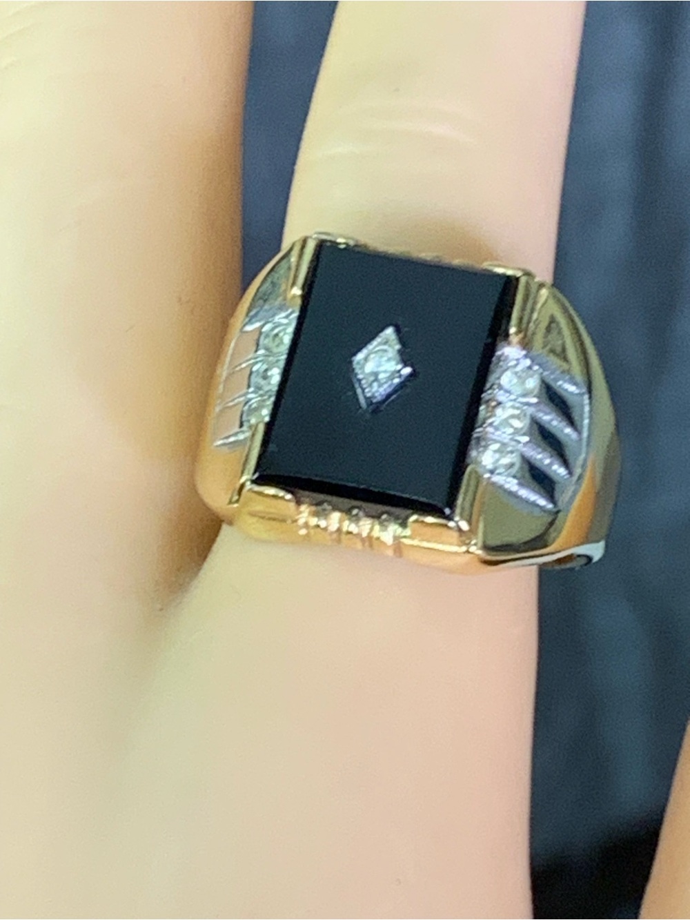 Vintage 1960s Black Onyx Ring Clear Crystal Accents Uncas Art Deco Design 14K Go
